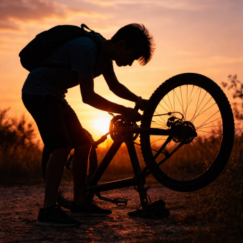 Jeune réparant un vélo